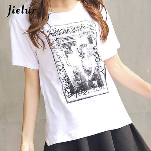 Jielur Vintage Letter Printed Black White T Shirt Women Short Sleeve Leisure Camiseta Feminina S-XL Harajuku Chic Summer Tops