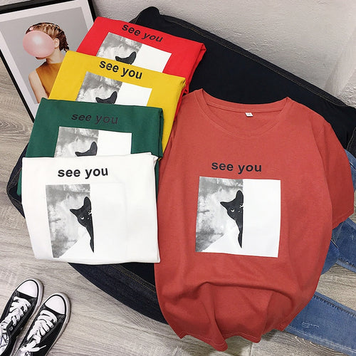 Harajuku White T shirt Women Tshirt Cotton Vintage Plus Size Female T-Shirt Women Tops Haut Cat Print Tee Shirt Femme 2019