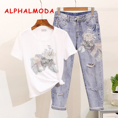 ALPHALMODA Embroidery Vintage Flowers Beaded Tshirt Ripped Holes Pencil Fashion Jeans Ladies Summer Trendy Fashion Clothing