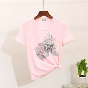 ALPHALMODA Embroidery Vintage Flowers Beaded Tshirt Ripped Holes Pencil Fashion Jeans Ladies Summer Trendy Fashion Clothing