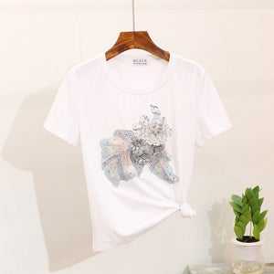 ALPHALMODA Embroidery Vintage Flowers Beaded Tshirt Ripped Holes Pencil Fashion Jeans Ladies Summer Trendy Fashion Clothing