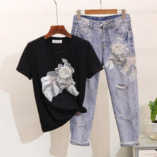 Load image into Gallery viewer, ALPHALMODA Embroidery Vintage Flowers Beaded Tshirt Ripped Holes Pencil Fashion Jeans Ladies Summer Trendy Fashion Clothing