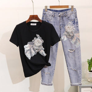ALPHALMODA Embroidery Vintage Flowers Beaded Tshirt Ripped Holes Pencil Fashion Jeans Ladies Summer Trendy Fashion Clothing