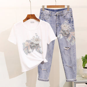 ALPHALMODA Embroidery Vintage Flowers Beaded Tshirt Ripped Holes Pencil Fashion Jeans Ladies Summer Trendy Fashion Clothing