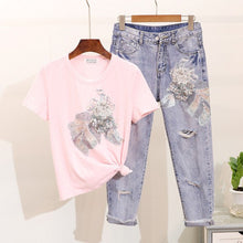 Load image into Gallery viewer, ALPHALMODA Embroidery Vintage Flowers Beaded Tshirt Ripped Holes Pencil Fashion Jeans Ladies Summer Trendy Fashion Clothing
