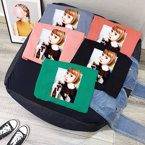 2019 korean Fashion Summer T shirt Women Tshirt Female Vintage Cotton Girl Print T-Shirt Women Tops Black Tee Shirt Femme